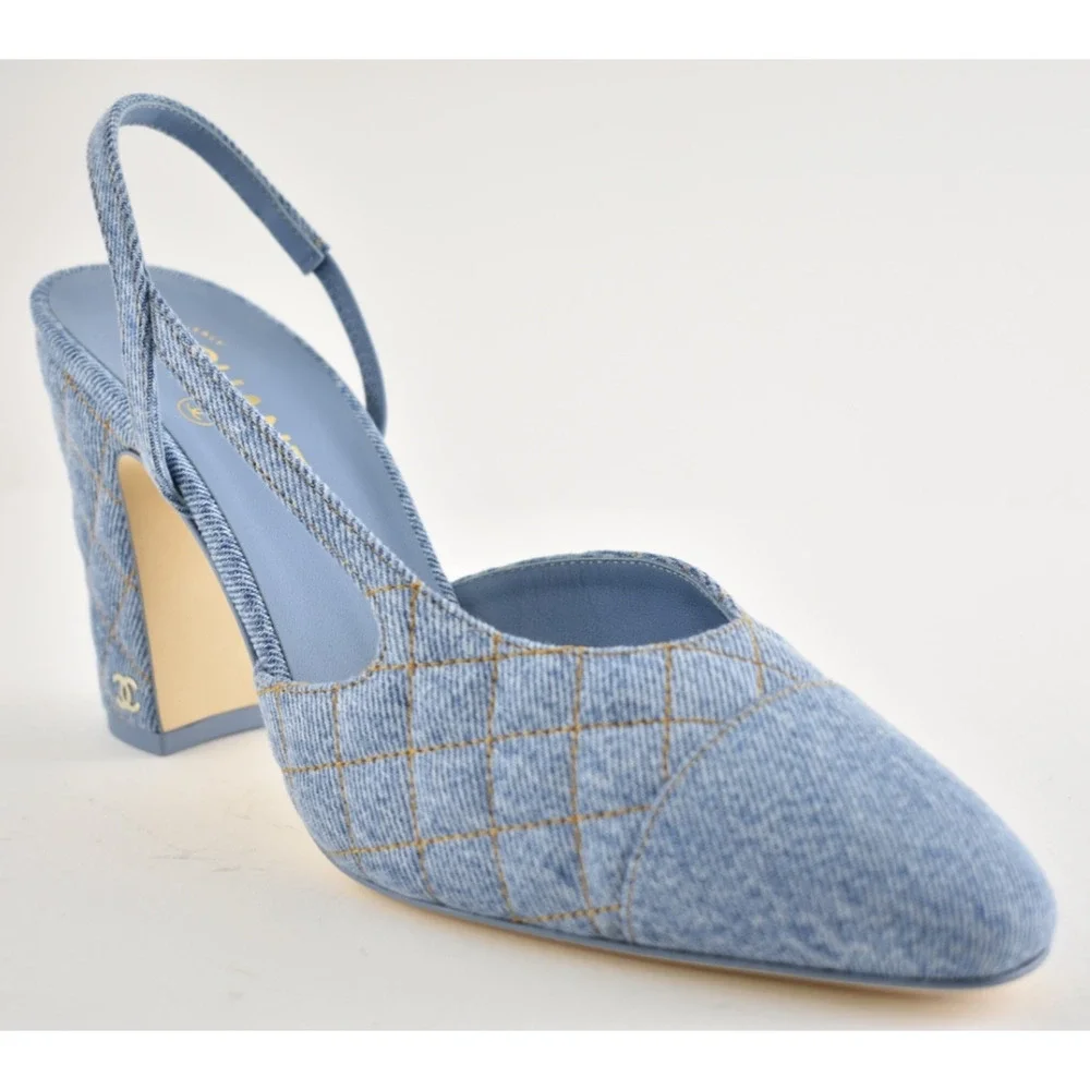 Chanel 26B Light Blue Denim Quilted Coco Sling Slingback Block Heel Pump 39.5c